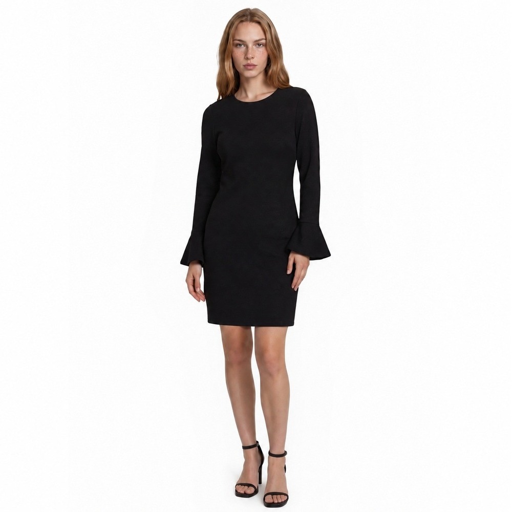 NEW Libby Edelman Dress Women's Size Medium Black Damask Bell Sleeve Shift